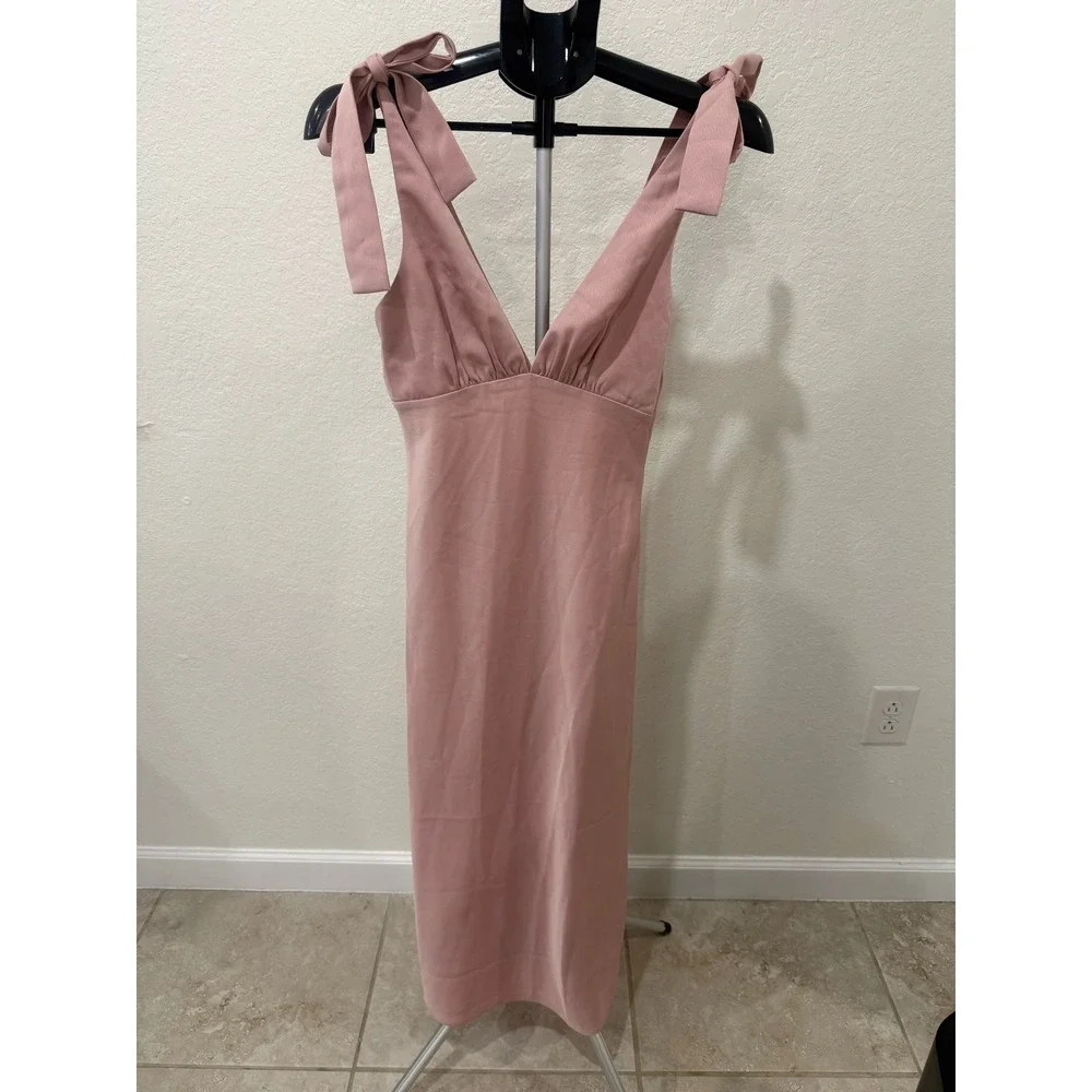 BHLDN Hudson Satin Charmeuse Dress 4 Blush‎ Pink Tie Shoulder V-Neck Midi Formal